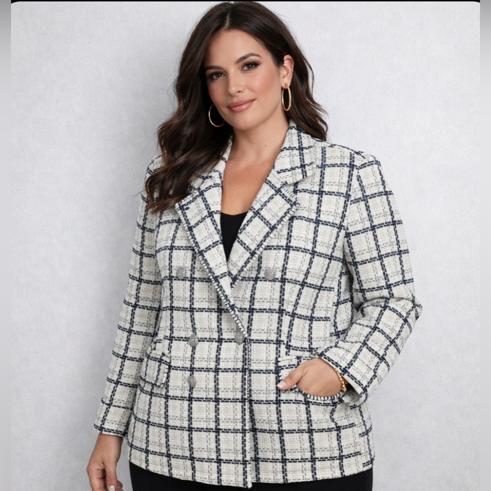 Rachel Zoe Plaid Tweed Double-Breasted Blazer Career Classic White/Blk Size Med